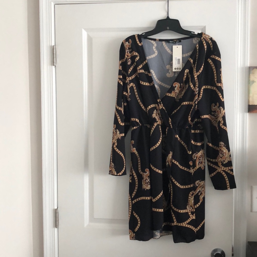 Black chain printed wrap dress